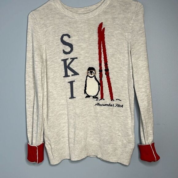 Abercrombie & Fitch SKI Penguin Crewneck Grey Ladies Small Sweater - Picture 1 of 8
